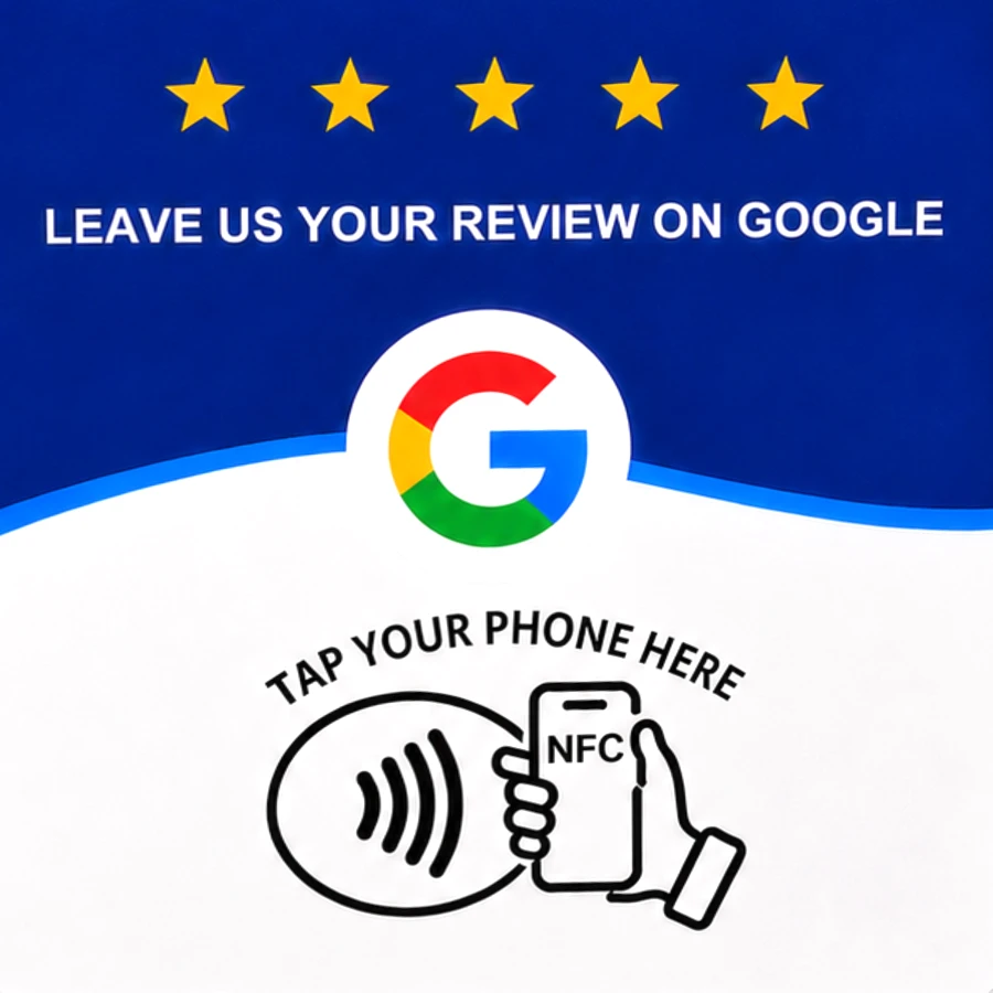 White and blue NFC Google review card: five stars, Leave us your review on Google, Tap your phone here