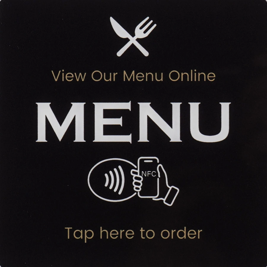 Black NFC menu card: View our menu online, MENU, Tap here to order